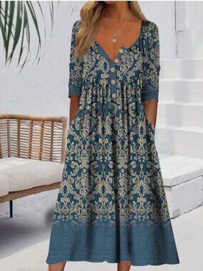 NWT Women's Boho Floral Maxi Dress 2X Teal Damask Print V-Neck Pockets